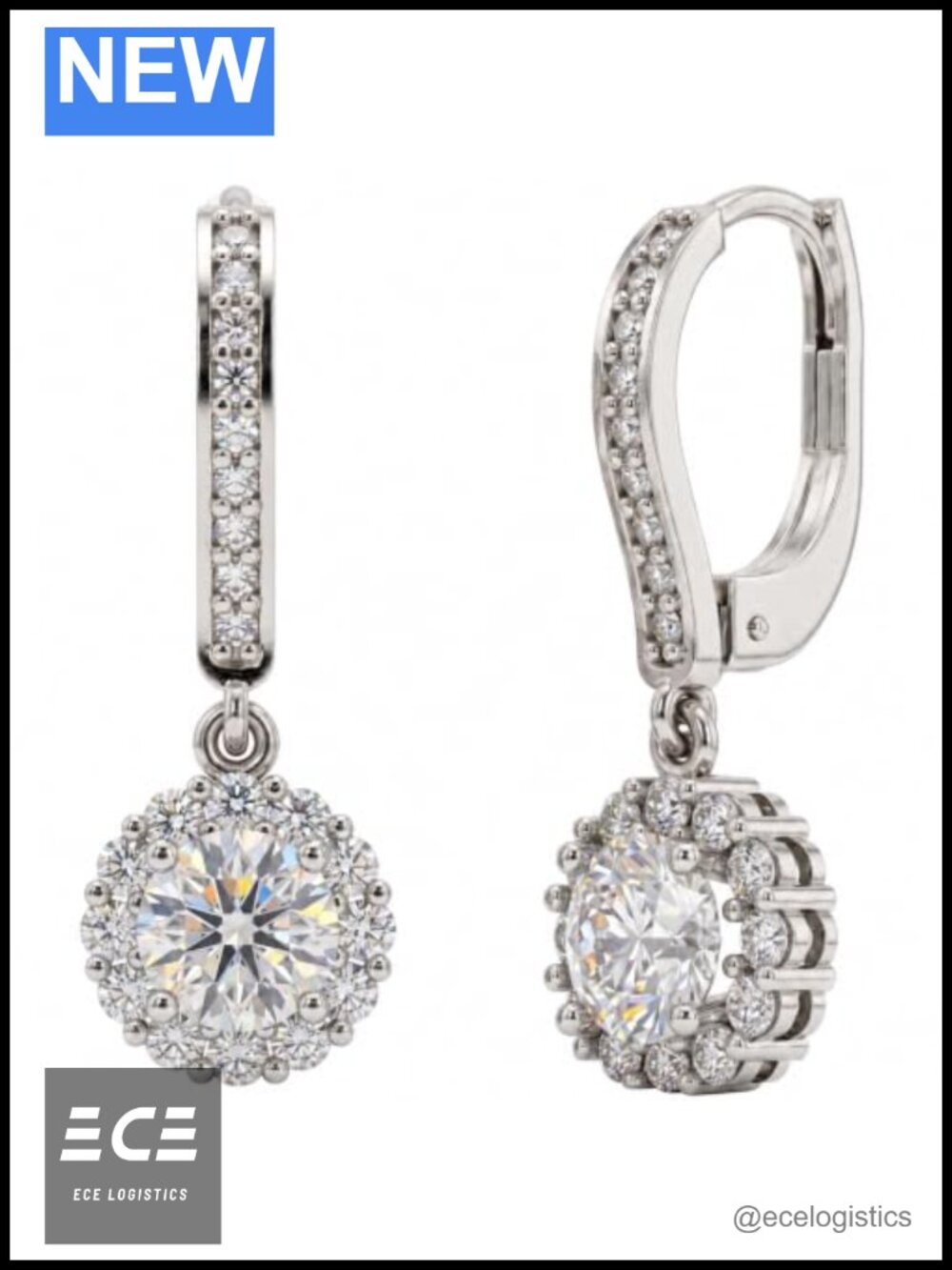 Solid 14K White Gold Moissanite Halo Drop Dangle Earrings Leverback